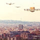 futuristic drones flying over the city